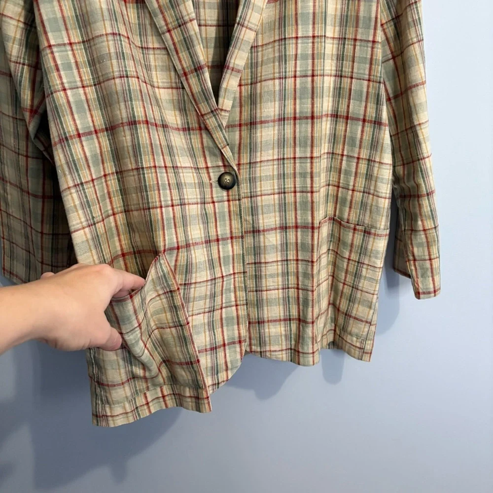 Vintage Basic Editions Women’s XL Blazer Plaid Linen Long Sleeve Collared Boxy